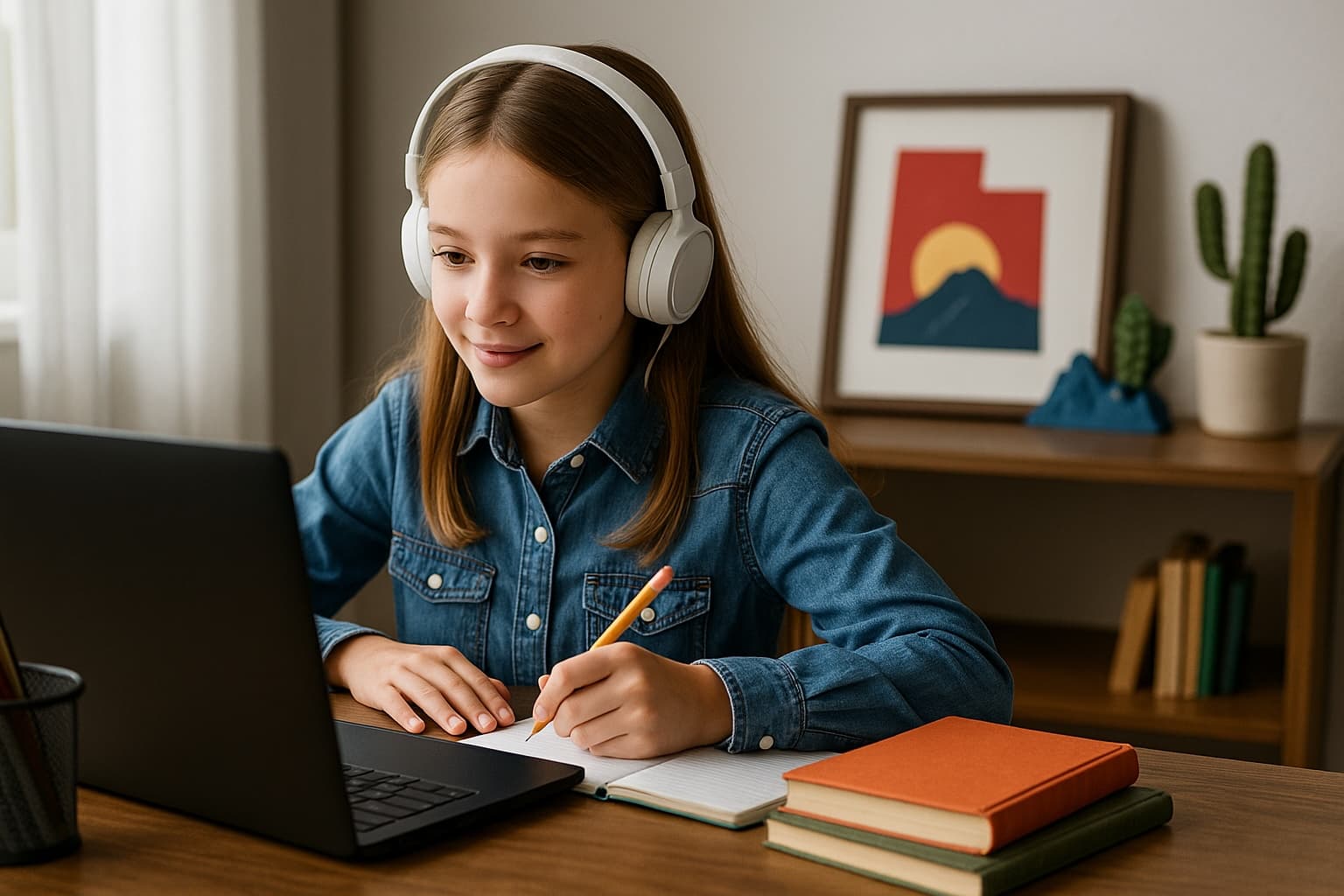 A UTVA elementary student learning online at home